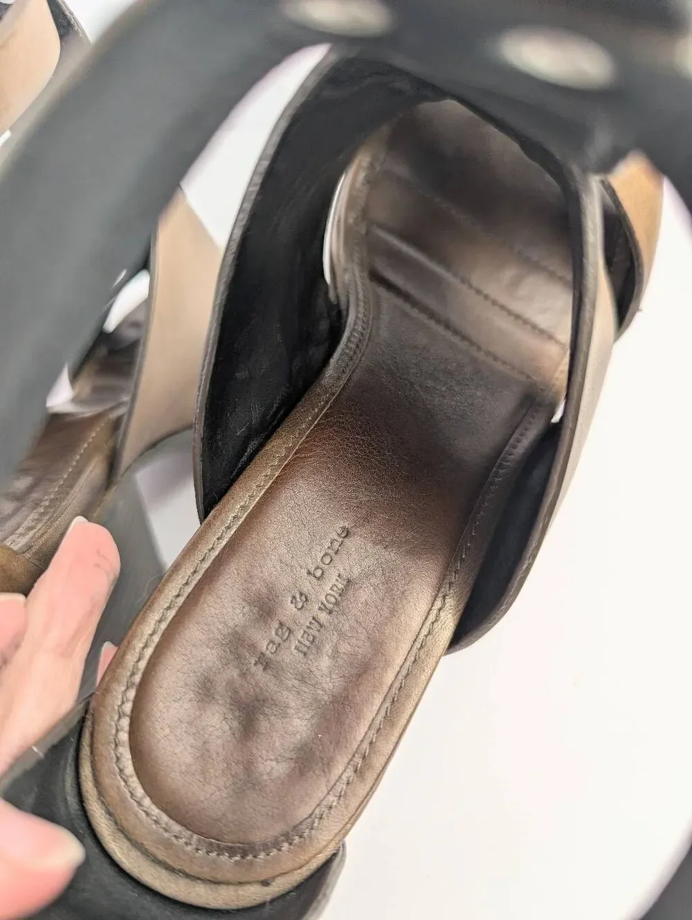 Rag & Bone Charlie Brown burnished leather  studded open toe bootie heels 8